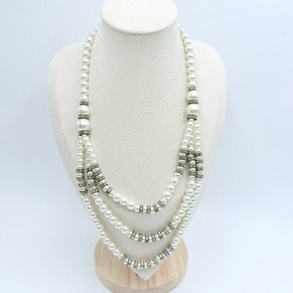 Three Strand White Glass Pearl Necklace with Crystal Accents - Picture 1 of 8